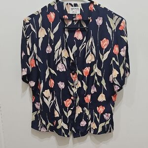 Vintage Kasper ASL Navy Floral Button-Up Blouse
